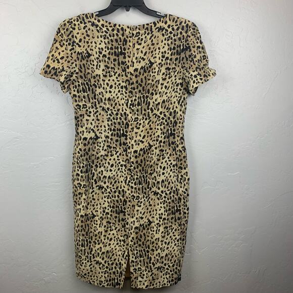 Maggy London Silk Midi Dress Womens Large Beige Leopard Print Back Center Zip - Picture 2 of 5